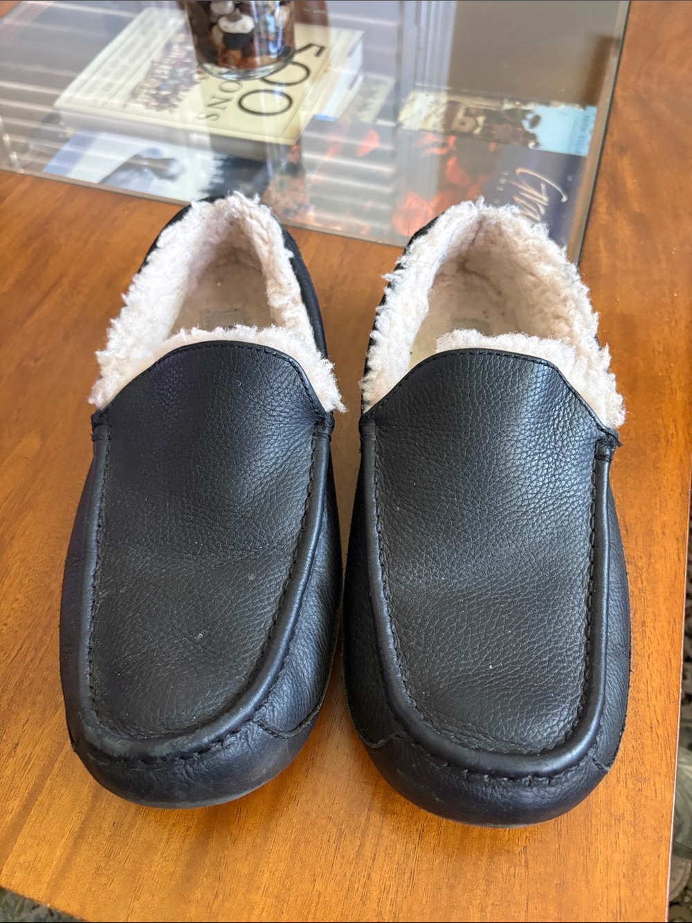 UGG Men's Black Faux-Leather Slip-Ons with Cream Sherpa Lining